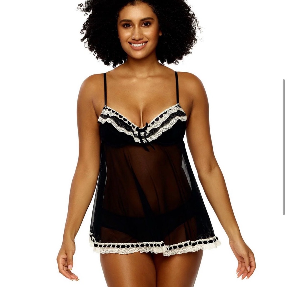 Felina Black Chemise with Cream Lace Trim